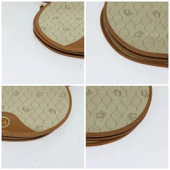 Christian Dior Honeycomb Canvas Shoulder Bag PVC Beige Gold Auth SW979